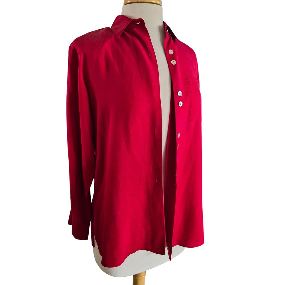 Petite Sophisticate Red 100% Silk Button‎ Down Blouse Long Sleeve Shirt Size P